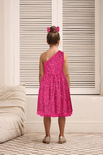 Miniatura 3 de GRACE KARIN Vestido de lentejuelas para niñas, vestido de fiesta de boda de un hombro con lazo para el pelo, 5-12 años