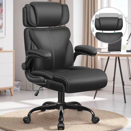 Silla de oficina, silla ergonómica grande y alta para escritorio de computadora con reposacabezas ajustable retráctil, silla ejecutiva de cuero