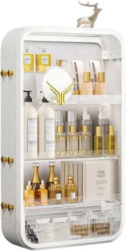 Miniatura 8 de JATIBOSH Organizador de cosméticos montado en la pared, estante de tocador para el hogar, sin perforación, productos para el cuidado de la piel