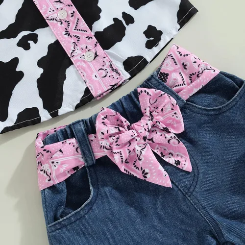 Miniatura 6 de Emmababy Trajes de mezclilla occidentales para niñas pequeñas, con volantes, sin mangas, con estampado de vaca, con botones, con cinturón