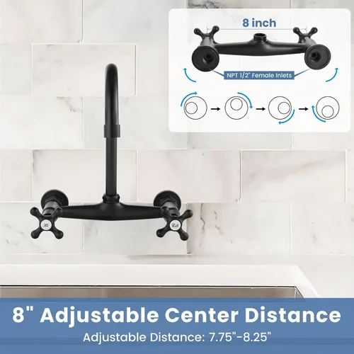 Miniatura 3 de Airuida Grifo de fregadero de cocina de montaje en pared negro mate, grifo de cocina montado en la pared, centro de 8 pulgadas, asas cruzadas
