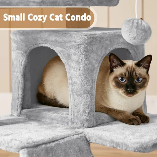 Miniatura 8 de Yaheetech - Torre de árbol para gatos de 62 pulgadas, mueble para mascotas con doble refugio, postes para rascar, múltiples plataformas y pelotas