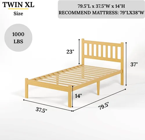 Miniatura 2 de Askeld Marco de cama de madera individual XL con cabecero, plataforma de bambú sólido de 14 pulgadas de alto, no necesita somier, marco de cama