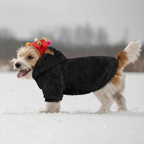 Miniatura 5 de Suéteres de vellón y sherpa para perros pequeños, mullidos, suaves, de doble cara, afelpados, con capucha, negro, XS