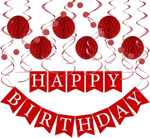 Miniatura 10 de Kit de decoraciones de cumpleaños pastel - Set de 17 piezas con pancarta de feliz cumpleaños pre-hilada, bolas de panal, guirnalda y remolinos