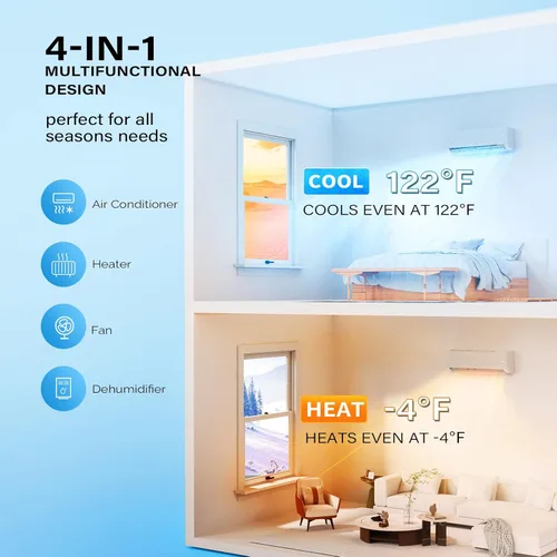 Miniatura 3 de ROVSUN 38000 BTU Quad Zone WIFI Mini Split AC/calefacción, 20 SEER2 4 zonas (9K/9K/9K/9K) BTU sin conductos Split Aire acondicionado dividido