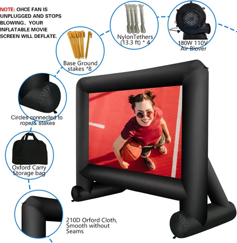 Miniatura 7 de GZKYYLEGS 14 pies de pantalla de proyector de película inflable para interiores y exteriores con bolsa de transporte para proyección frontal