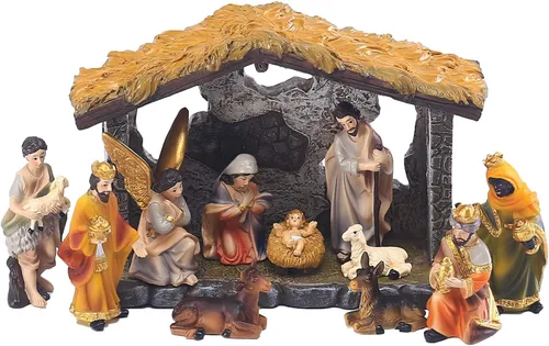 Miniatura 4 de MACLARONX Conjunto de Belén de 12 Piezas Escena de Nacimiento Navideño Figura con Establo para Interiores Decoración de Mesa Hogar Escena