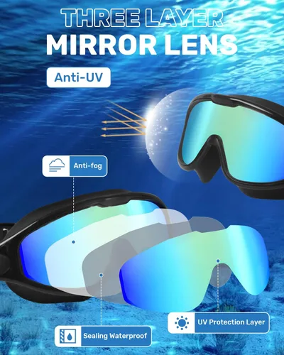 Miniatura 3 de Gafas de natación para adultos, gafas de natación antivaho y UV con clip de nariz y tapones para los oídos, sin fugas