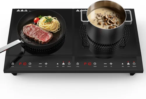 Placa de inducción doble, parrilla de inducción portátil con 2 quemadores de control independiente, cuerpo ultradelgado, 10 temperaturas, 1800 W -