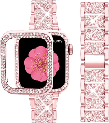 Miniatura 10 de SUPOIX - Correa compatible con Apple Watch de 1.49 pulgadas + funda, joyería para mujer con diamantes brillantes, bandas de metal y 2