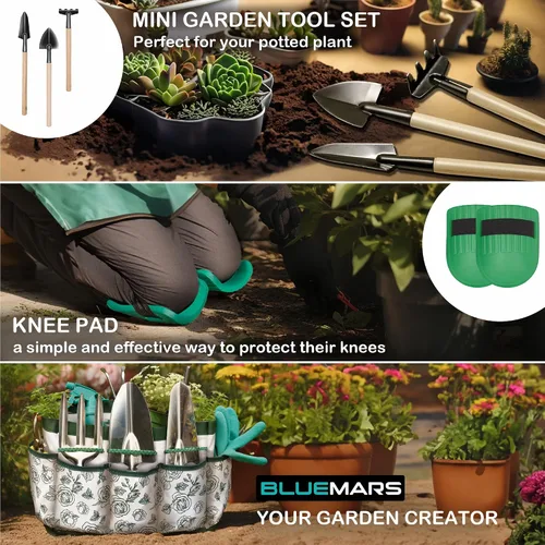 Miniatura 9 de Bluemars Kit de herramientas de mano de jardinería, 14 piezas, juego de herramientas de jardín de acero inoxidable resistente con bolsa de jardín
