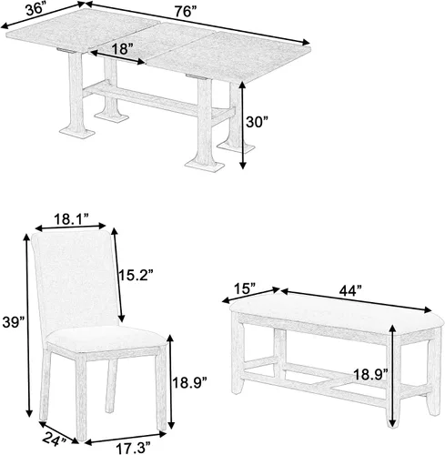 Miniatura 3 de Juego de mesa de comedor extensible de 6 piezas, juego de mesa de comedor para 6 personas con caballete de banco, juego de mesa de cocina con 4