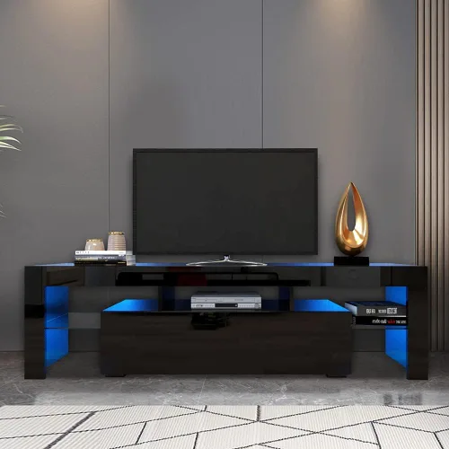 Soporte de TV negro con 2 estantes de almacenamiento y 3 estantes abiertos, TV LED de alto brillo, centro de entretenimiento de TV, consola de TV,