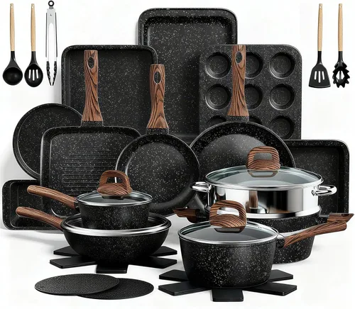 Juego de ollas y sartenes antiadherentes, juego de utensilios de cocina de inducción de cocina y utensilios para hornear, juego de sartenes de