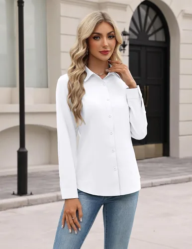 Miniatura 6 de HOTOUCH Camisas de manga larga con botones para mujer, camisas de vestir con protección contra manchas, ajuste delgado, blusas de trabajo, oficina