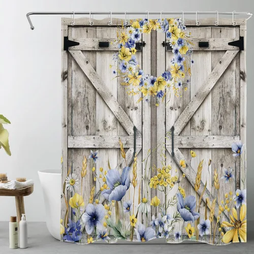 Miniatura 28 de Cortina de ducha con puerta de granero occidental para baño, lavanda púrpura y verde corona de eucalipto en tableros de madera rústica, cortina