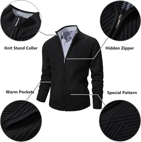 Miniatura 10 de VtuAOL Suéteres tipo cárdigan para hombre, con cremallera completa, cuello alto, cárdigan de punto casual con bolsillos