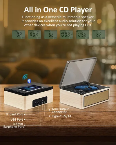 Miniatura 8 de Gelielim Reproductor de CD retro, reproductor de CD de escritorio con entrada y salida Bluetooth, batería recargable, altavoces de alta fidelidad