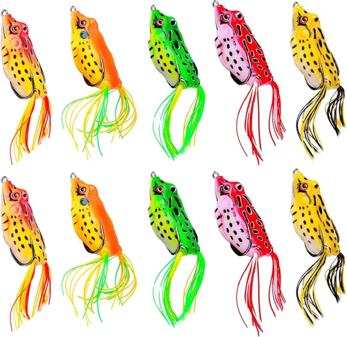 Miniatura 8 de Señuelo de rana Topwater, kit de señuelos de pesca para trucha, señuelos de rana realistas con ganchos sin hierbas, cebo flotante suave para agua