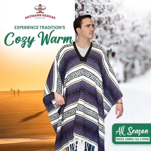 Miniatura 105 de Artisans Bazaar Poncho tradicional mexicano de Baja para hombres y mujeres, auténtico sarape de Gaban, manta de vaquero Pancho Jorongo