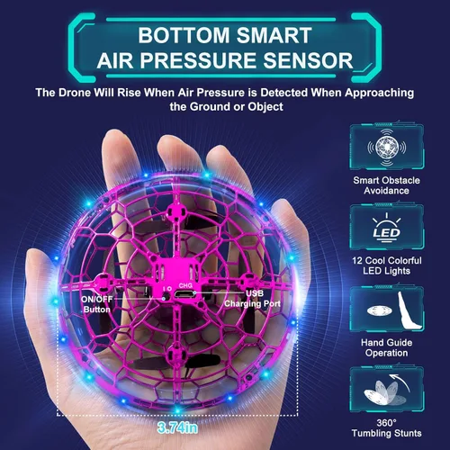 Miniatura 3 de Dron de juguete volador de operación manual para niños, mini dron con sensores de movimiento de manos libres de 360° y luces LED geniales, dron Rosa