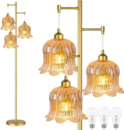 Miniatura 12 de QIYIZM Lámpara de pie para sala de estar, dormitorio, estilo granja, arco, ratán, boho, lámpara de pie con control remoto regulable, pantalla