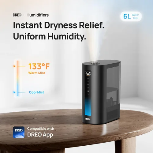 Miniatura 2 de Dreo - Humidificador de 6L para dormitorio, rociada inteligente cálida y fría para habitación grande, tiempo de funcionamiento silencioso de 60 Negro