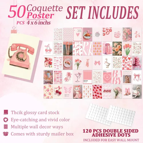 Miniatura 2 de Uniro Estética de decoración de habitación de coqueta, 50 piezas de decoración de pared de coqueta rosa, pósteres de coqueta, decoración estética