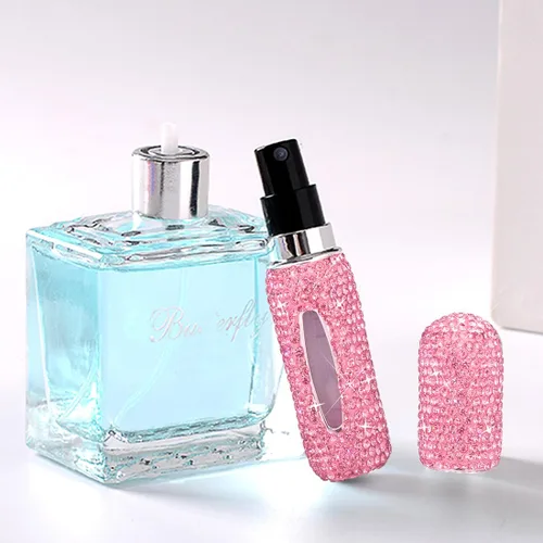 Miniatura 4 de Botella de spray de perfume de 0.2 fl oz con diamantes de imitación rosa, portátil, portátil, para viajes, niebla fina, recargable, mini