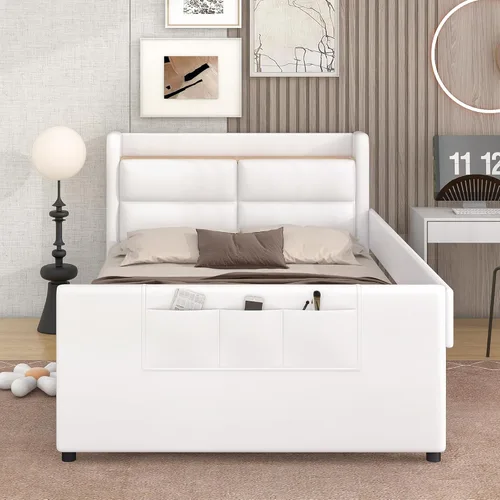 Miniatura 3 de Cama de plataforma tapizada de tamaño individual con barandilla, cabecera de almacenamiento y estribo, para niños, adolescentes y adultos, uso