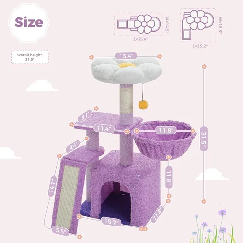 Miniatura 6 de PETEPELA Árbol de flores para gatos de interior, torre pequeña para gatos de 31.5 pulgadas, condominio con rampa rascador de sisal + poste rascador