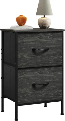Miniatura 20 de WLIVE Mesita de noche negra, cómoda pequeña con 2 cajones y superficie de madera, mesita de noche con cestas de tela, mesa de cabecera mesa auxiliar