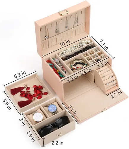 Miniatura 4 de FEISCON Joyero organizador de reloj estuche grande para joyas gafas de sol caja de almacenamiento de cuero organizador de aretes rosa