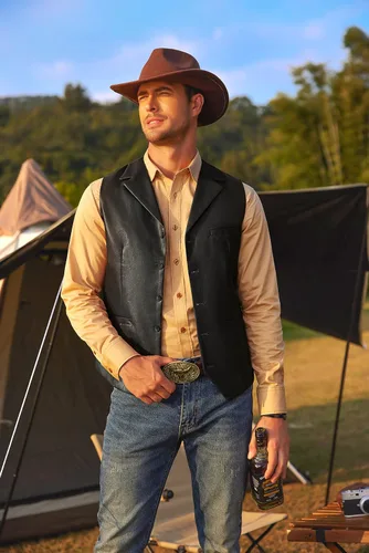 Miniatura 3 de COOFANDY Chaleco de cuero para hombre, estilo casual, estilo occidental, ligero, con cuello en V, chaleco