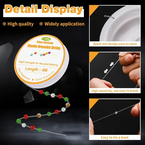 Miniatura 3 de Bupete 6 rollos de cuerda de 0.039 in para hacer pulseras, cuerda elástica para pulseras, cuerda elástica de cuentas con tijeras, agujas de cuentas