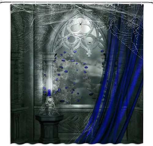 Cortina de ducha gótica, estilo vintage, castillo, rosa, flores, telaraña, calavera, esqueleto, horror, Halloween, retro, ventana, decoración de