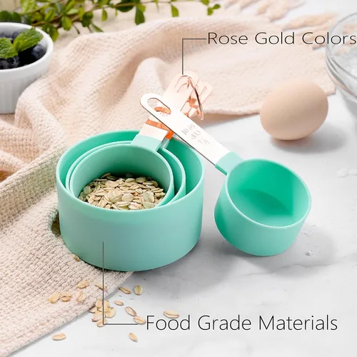 Miniatura 3 de Juego de tazas y cucharas medidoras con mango de acero inoxidable de oro rosa, 8 cucharadas apilables y precisas para medir ingredientes secos