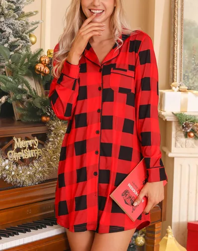 Miniatura 21 de Samring Camisón de pijama para mujer, manga corta/larga, con botones, camisón para dormir, camisón para novio, talla XXL