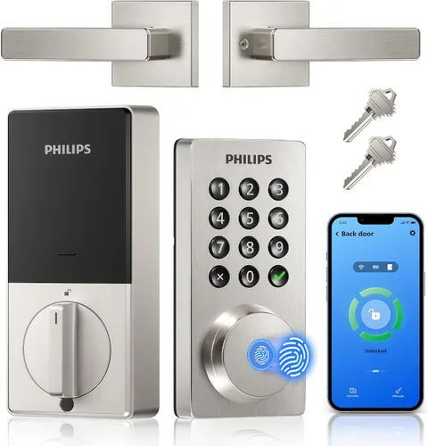 Miniatura 10 de Cerradura de puerta con teclado WiFi Philips con asa, WiFi incorporado, control remoto por APP, desbloqueo por voz y huellas dactilares, cerraduras