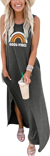 Miniatura 2 de ANRABESS - Vestido largo, informal y holgado para mujer, sin mangas, con bolsillos y abertura, para playa