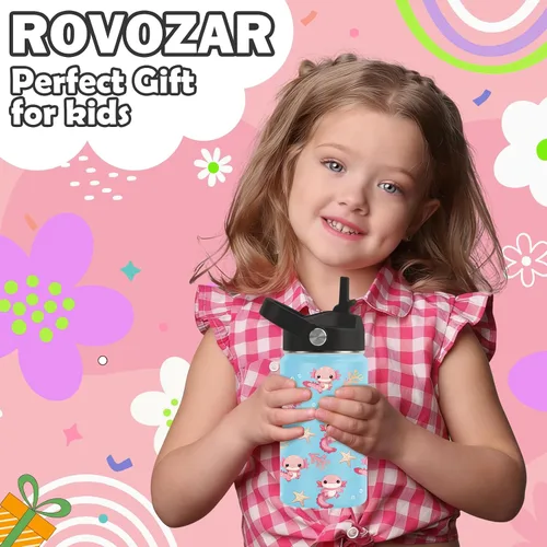 Miniatura 2 de Axolotl - Botella de agua de 12 onzas con tapa con pajilla, botella de agua de acero inoxidable con diseño de ajolotes para niñas, taza aislada