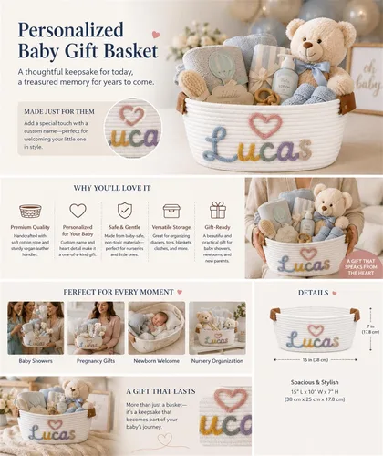 Miniatura 4 de Cesta de regalo personalizada para bebé, cesta de regalo personalizada para baby shower, cesta de bebé con nombre personalizado, set de regalo