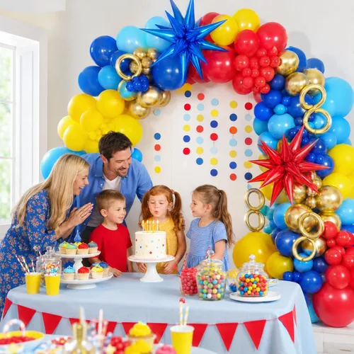 Miniatura 5 de Kit de arco de globos rojo, azul y amarillo, guirnalda de globos con temática de juegos de dibujos animados con globos de aluminio de estrella Rojo
