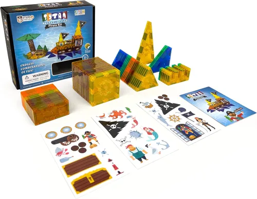 Miniatura 3 de Tytan Tiles Pirate Ship & Island - Juego de construcción de azulejos magnéticos de 60 piezas, divertido juguete STEM para niños, juego creativo