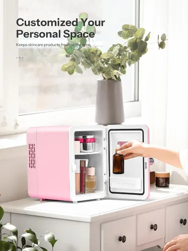 Miniatura 5 de Reemix Mini nevera, 4L/6 latas, enfriador portátil retro para uso doméstico de 120 V y 12 V CC, refrigerador para el cuidado de la piel para Rosa