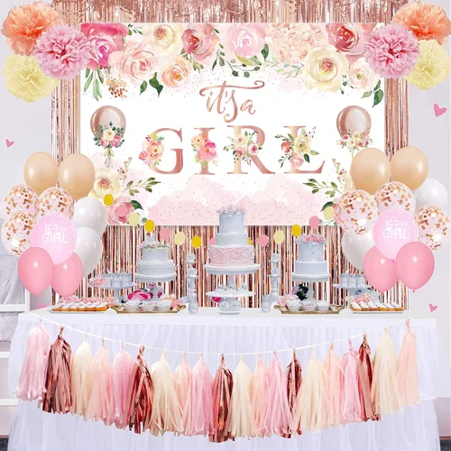 Decoraciones de baby shower para niña, globos de baby shower con temática floral, letrero de fondo para fiesta de revelación de género