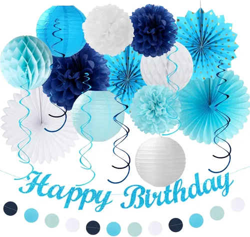 Miniatura 8 de Paquete de decoración de fiesta de cumpleaños para mujeres y hombres - 21 piezas. Banner feliz, papel de banderines, linternas de panal, pompones