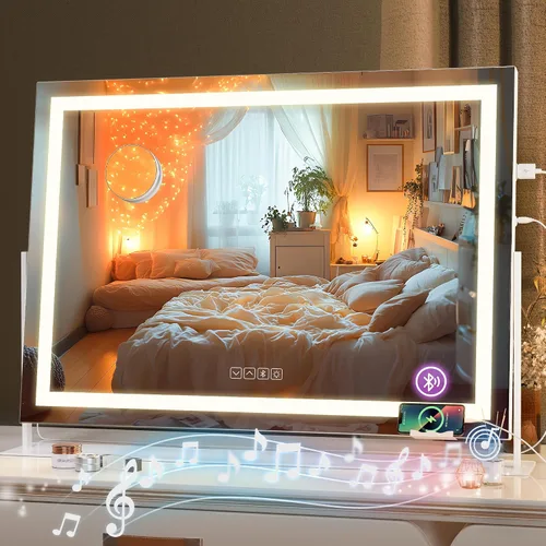 Miniatura 12 de Hasipu Espejo de tocador con luces y altavoz Bluetooth, espejo LED de maquillaje de 23.6 x 19.7 pulgadas, espejo iluminado con aumento de 10X