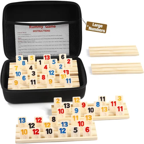 Rummy Cube - Edición para 6 jugadores con 6 bastidores y bandejas de madera, juego de 160 fichas de Rummy de números grandes con funda con